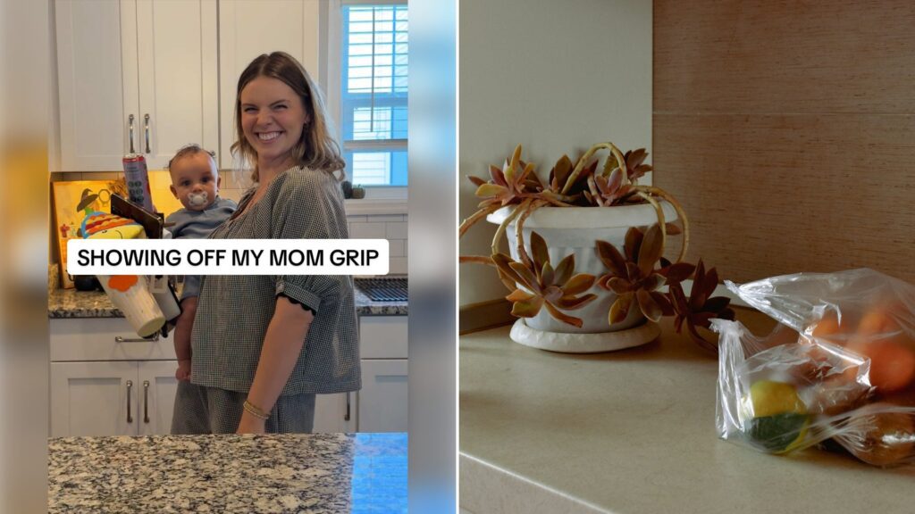 Left: cover still from a TikTok video by @shiandtoni_. Right: Grocery bags of food on a kitchen table (Unsplash photo by Leila Barrani).