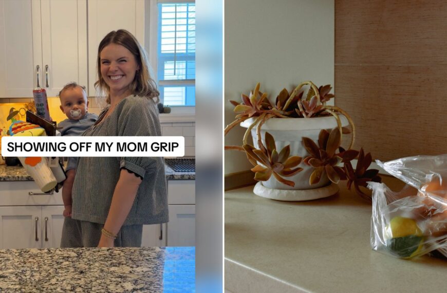 Left: cover still from a TikTok video by @shiandtoni_. Right: Grocery bags of food on a kitchen table (Unsplash photo by Leila Barrani).