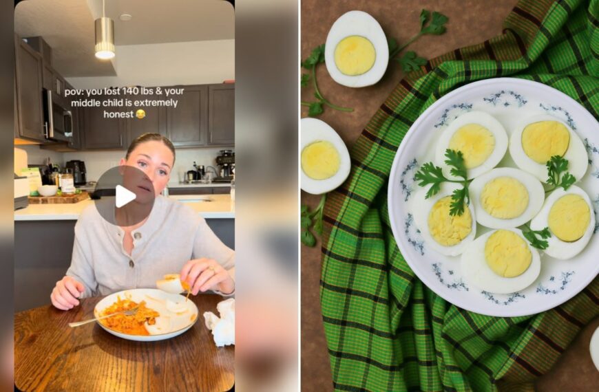 Left: cover still from an Instagram reel by @. Right: Sliced boiled eggs on a white plate with parsley (Unsplash photo by Tamanna Rumee).