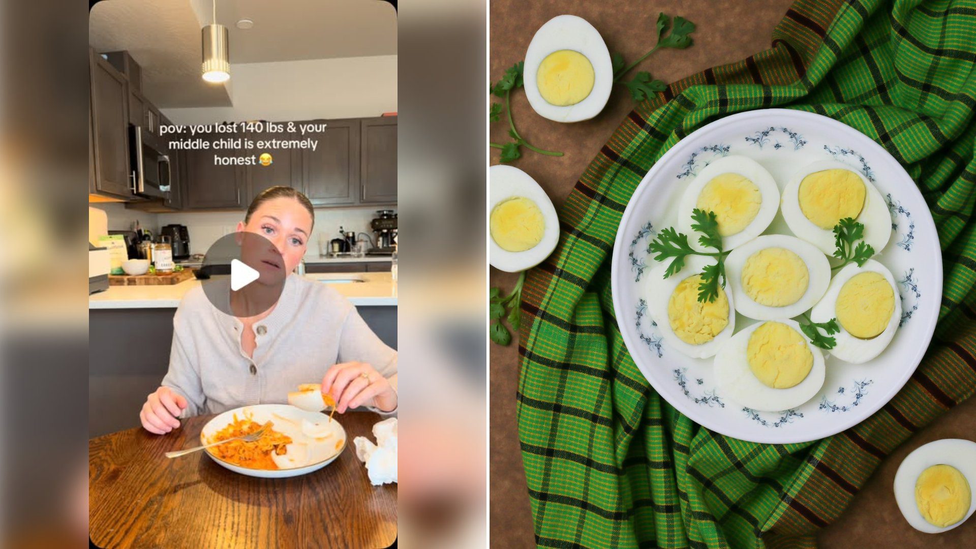 Left: cover still from an Instagram reel by @. Right: Sliced boiled eggs on a white plate with parsley (Unsplash photo by Tamanna Rumee).