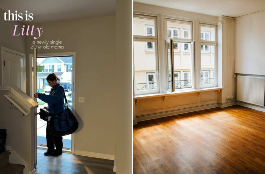 Left: cover still from a TikTok video by @lillygrace_034. Right: Empty apartment room with wooden floor and a large window (Unsplash photo by Christian Lue).