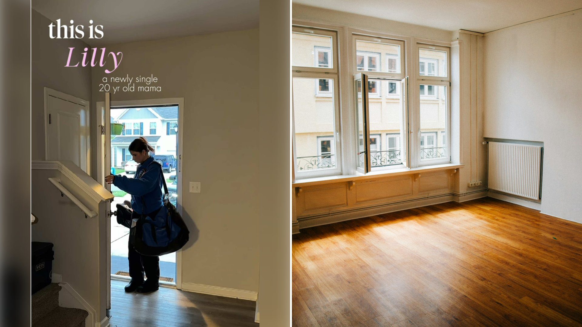 Left: cover still from a TikTok video by @lillygrace_034. Right: Empty apartment room with wooden floor and a large window (Unsplash photo by Christian Lue).