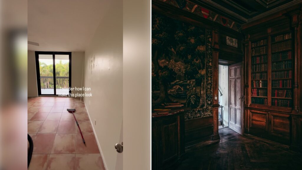 Left: cover still from a TikTok video by @moodywhimsicalforest. Right: Dark, moody room with a bookshelf and a door (Unsplash photo by Peter Herrmann).