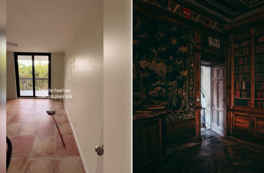 Left: cover still from a TikTok video by @moodywhimsicalforest. Right: Dark, moody room with a bookshelf and a door (Unsplash photo by Peter Herrmann).
