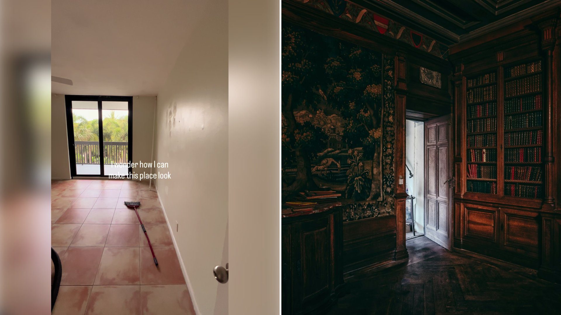 Left: cover still from a TikTok video by @moodywhimsicalforest. Right: Dark, moody room with a bookshelf and a door (Unsplash photo by Peter Herrmann).