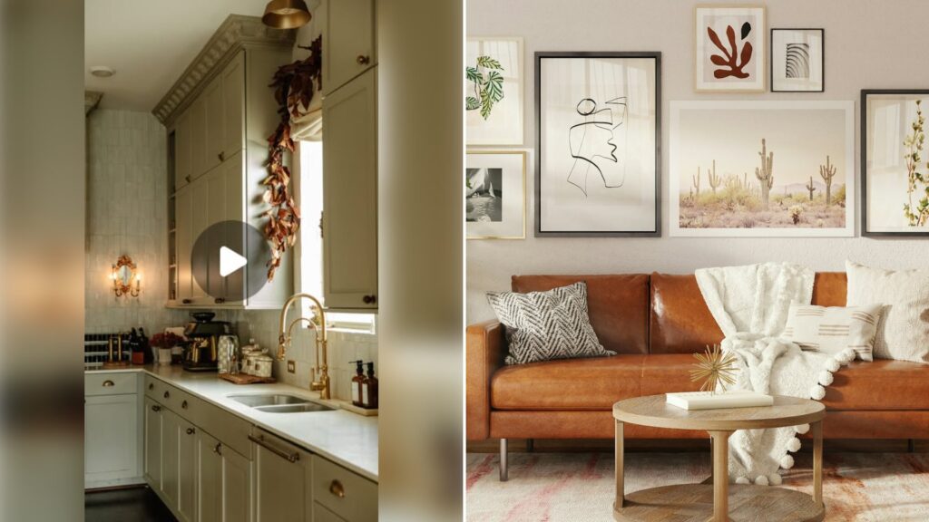Left: cover still from an Instagram reel by @. Right: Warm living room with a brown leather sofa, white throw blanket and gallery wall (Unsplash photo by Spacejoy).