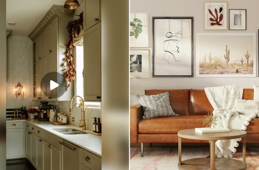 Left: cover still from an Instagram reel by @. Right: Warm living room with a brown leather sofa, white throw blanket and gallery wall (Unsplash photo by Spacejoy).