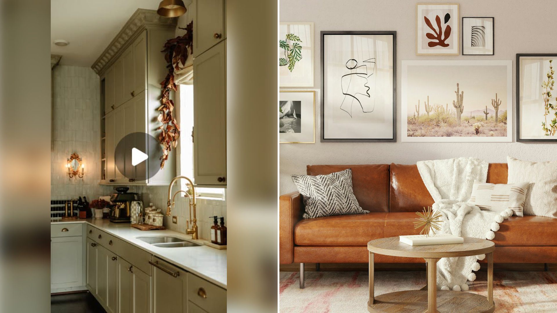 Left: cover still from an Instagram reel by @. Right: Warm living room with a brown leather sofa, white throw blanket and gallery wall (Unsplash photo by Spacejoy).