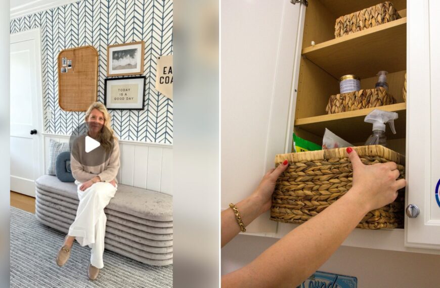 Left: cover still from an Instagram reel by @. Right: Hands placing a woven basket into an organized cabinet (Unsplash photo by American Cleaning Institute).