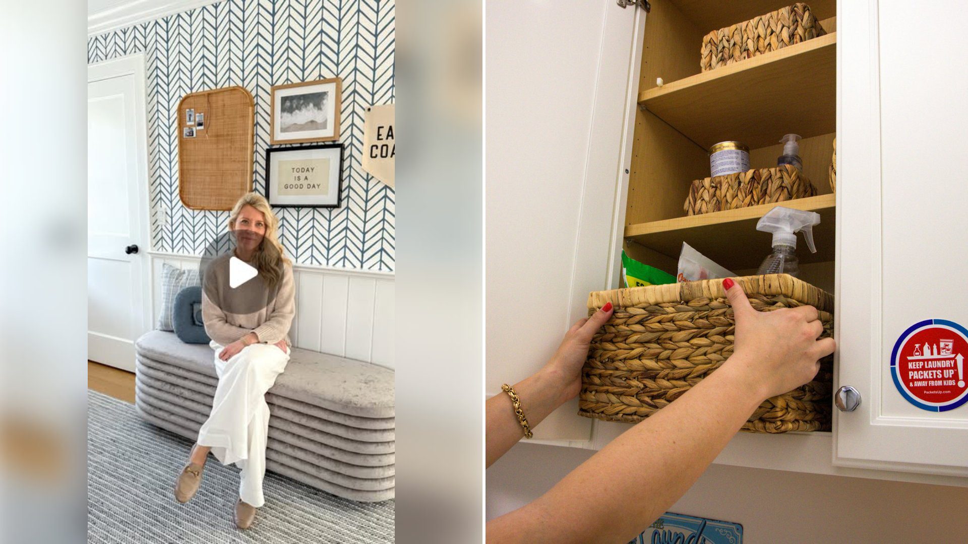 Left: cover still from an Instagram reel by @. Right: Hands placing a woven basket into an organized cabinet (Unsplash photo by American Cleaning Institute).