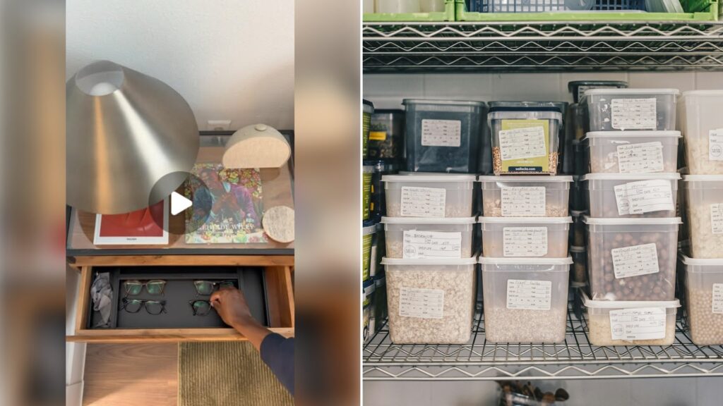 Left: cover still from an Instagram reel by @. Right: Pantry shelf of neatly arranged containers and food storage (Unsplash photo by Ambitious Studio* | Rick Barrett).