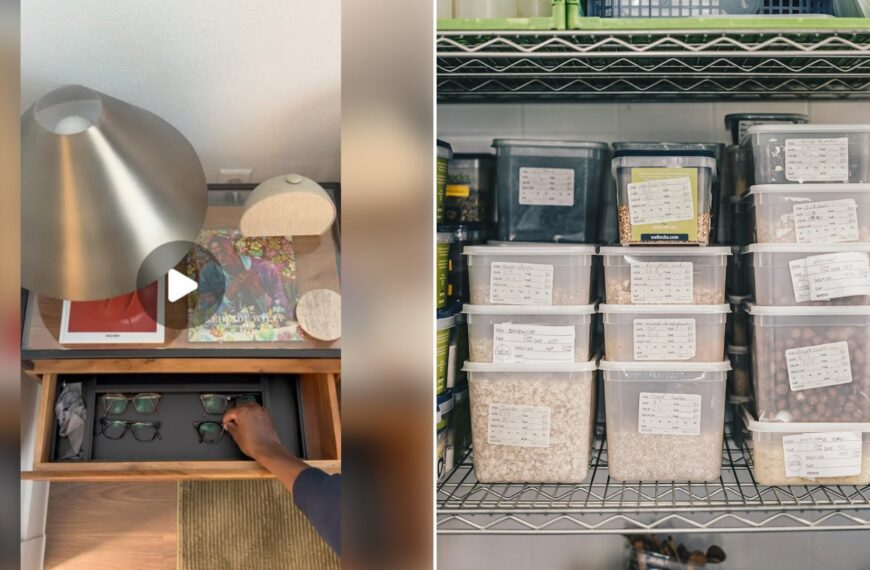Left: cover still from an Instagram reel by @. Right: Pantry shelf of neatly arranged containers and food storage (Unsplash photo by Ambitious Studio* | Rick Barrett).