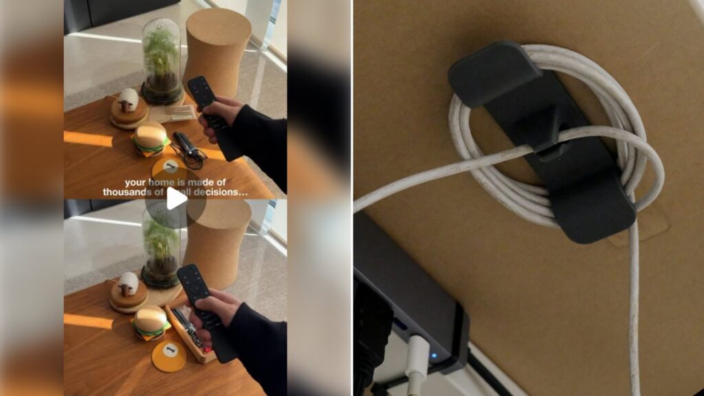 Left: cover still from an Instagram reel by @. Right: Cable organizer holding a coiled white cord under a desk (Unsplash photo by Bedirhan Gül).