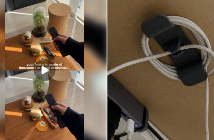 Left: cover still from an Instagram reel by @. Right: Cable organizer holding a coiled white cord under a desk (Unsplash photo by Bedirhan Gül).