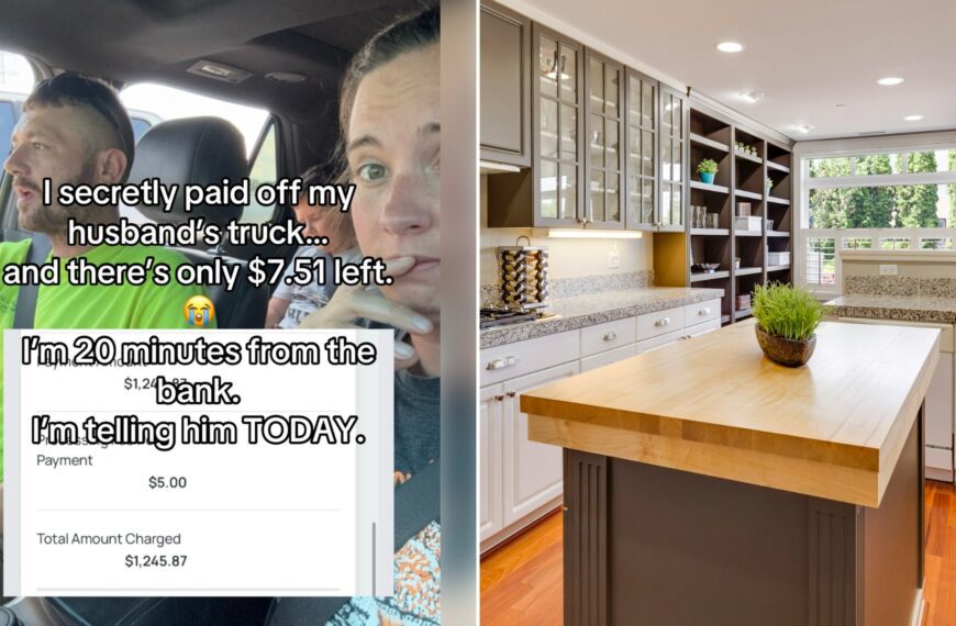 Left: cover still from a TikTok video by @payoffproject_. Right: Clean white and gray kitchen with clear countertops (Unsplash photo by Francesca Tosolini).