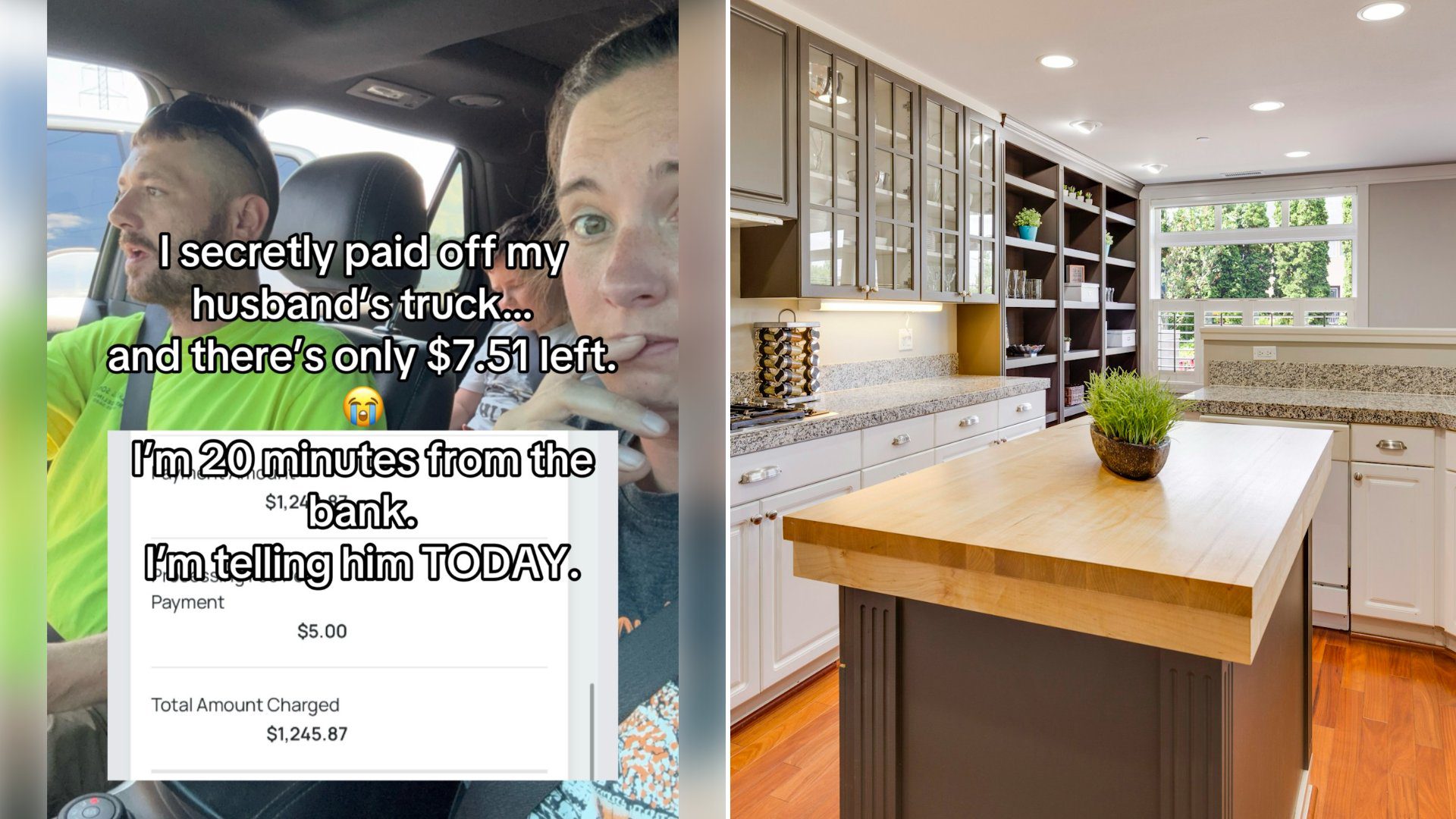 Left: cover still from a TikTok video by @payoffproject_. Right: Clean white and gray kitchen with clear countertops (Unsplash photo by Francesca Tosolini).