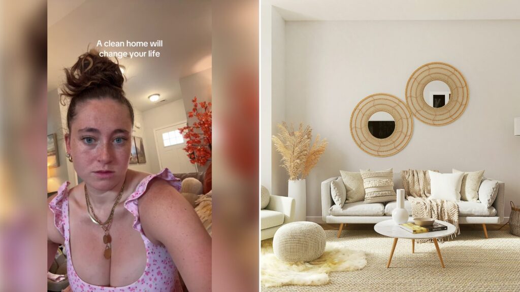 Left: cover still from a TikTok video by @phoebelemcke. Right: Bright, tidy living room with a mirror and neatly arranged furniture (Unsplash photo by Spacejoy).