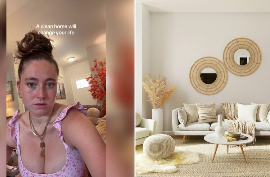 Left: cover still from a TikTok video by @phoebelemcke. Right: Bright, tidy living room with a mirror and neatly arranged furniture (Unsplash photo by Spacejoy).