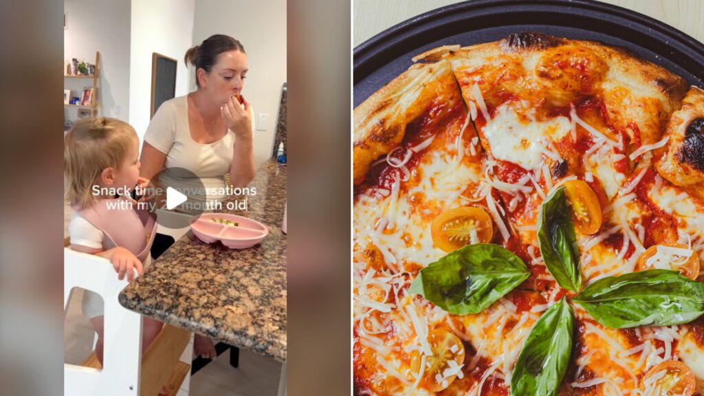 Split image with the cover of @jess_raisingtinyreaders's Instagram reel, where a woman eats at a granite kitchen counter beside a toddler in a bib at a snack plate under the words 'Snack time conversations with my 20 month old', on the left and an Unsplash photo by Aldward Castillo on the right showing pizza on a pan on a table