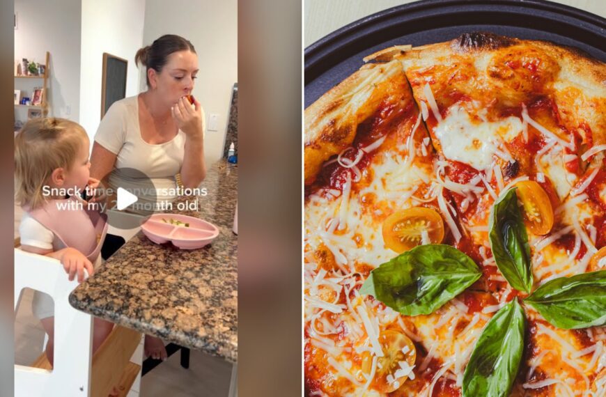 Split image with the cover of @jess_raisingtinyreaders's Instagram reel, where a woman eats at a granite kitchen counter beside a toddler in a bib at a snack plate under the words 'Snack time conversations with my 20 month old', on the left and an Unsplash photo by Aldward Castillo on the right showing pizza on a pan on a table