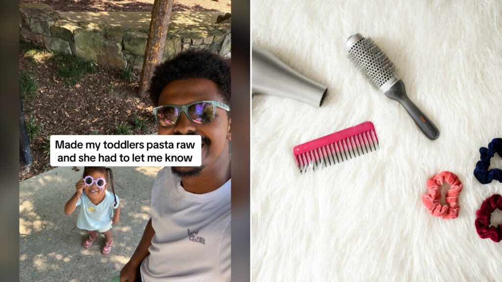 Split image with the cover of @naz.habte's TikTok video, where a man in sunglasses takes a selfie with a toddler girl in flower-shaped sunglasses outdoors under the words 'Made my toddlers pasta raw and she had to let me know', on the left and an Unsplash photo by Element5 Digital on the right showing gray corded hair dryer and a red comb
