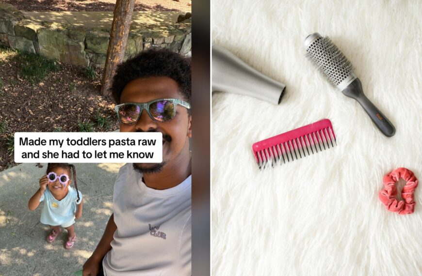Split image with the cover of @naz.habte's TikTok video, where a man in sunglasses takes a selfie with a toddler girl in flower-shaped sunglasses outdoors under the words 'Made my toddlers pasta raw and she had to let me know', on the left and an Unsplash photo by Element5 Digital on the right showing gray corded hair dryer and a red comb