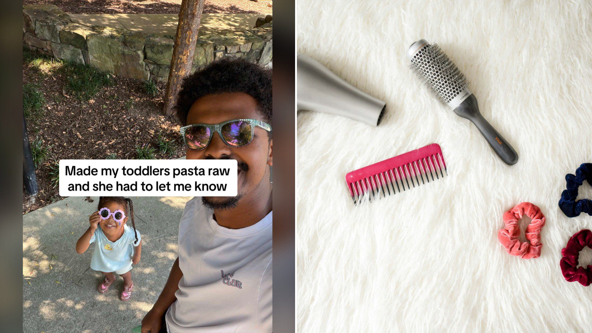 Split image with the cover of @naz.habte's TikTok video, where a man in sunglasses takes a selfie with a toddler girl in flower-shaped sunglasses outdoors under the words 'Made my toddlers pasta raw and she had to let me know', on the left and an Unsplash photo by Element5 Digital on the right showing gray corded hair dryer and a red comb