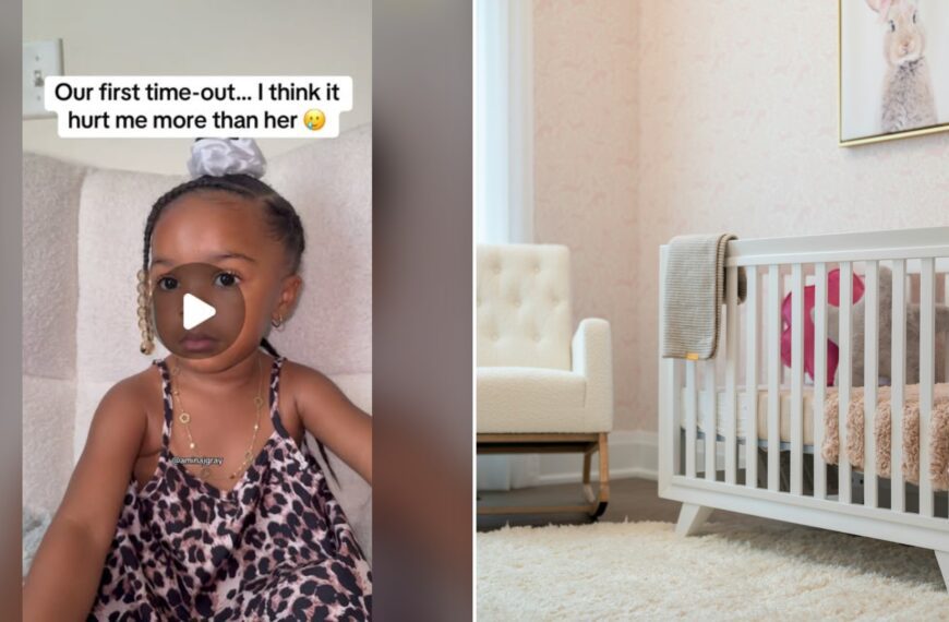 Split image with the cover of @aminajgray0310's Instagram reel, where a toddler girl with a scrunchie in a leopard-print romper sits on a cream chair under the words 'Our first time-out... I think it hurt me more than her', on the left and an Unsplash photo by Franco Debartolo on the right showing cozy nursery with a white crib and an armchair