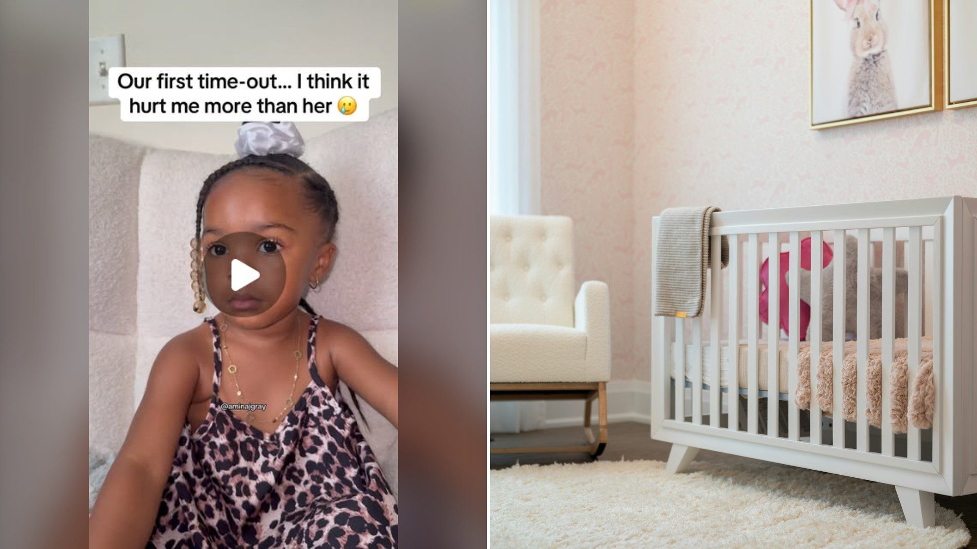 Split image with the cover of @aminajgray0310's Instagram reel, where a toddler girl with a scrunchie in a leopard-print romper sits on a cream chair under the words 'Our first time-out... I think it hurt me more than her', on the left and an Unsplash photo by Franco Debartolo on the right showing cozy nursery with a white crib and an armchair