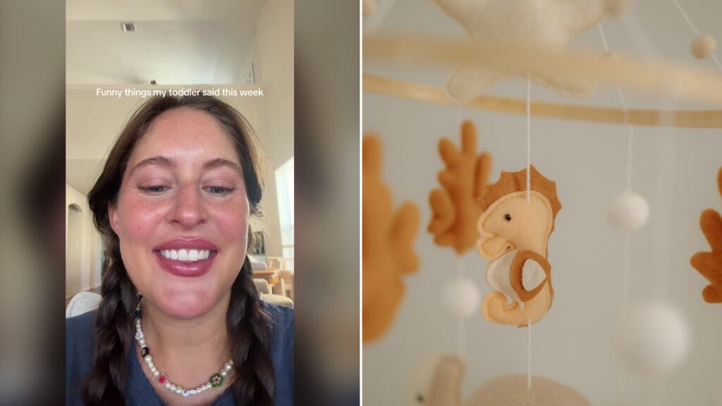 Split image with the cover of @amandatalijan's TikTok video, where a smiling woman with braids and a beaded necklace talks to the camera under the words 'Funny things my toddler said this week', on the left and an Unsplash photo by Jametlene Reskp on the right showing felt seahorse and coral mobile for a baby crib