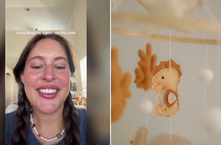 Split image with the cover of @amandatalijan's TikTok video, where a smiling woman with braids and a beaded necklace talks to the camera under the words 'Funny things my toddler said this week', on the left and an Unsplash photo by Jametlene Reskp on the right showing felt seahorse and coral mobile for a baby crib