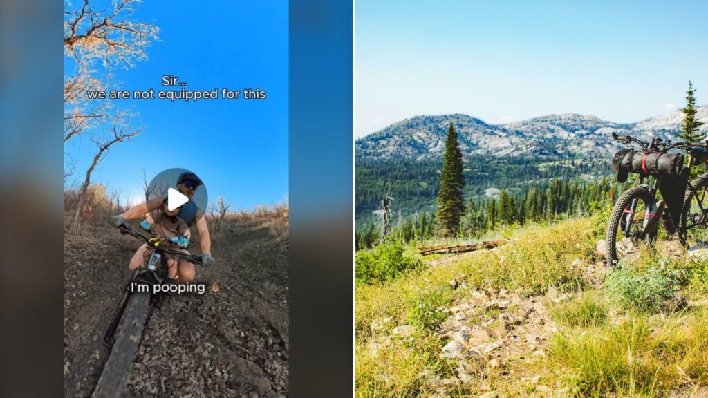 Split image with the cover of @roroshreds's Instagram reel, where a man on a mountain bike rides down a dirt trail with a toddler in front of him under the words 'Sir... we are not equipped for this' and 'I'm pooping', on the left and an Unsplash photo by Patrick Hendry on the right showing bikepacking bicycle on a mountain trail with pine trees