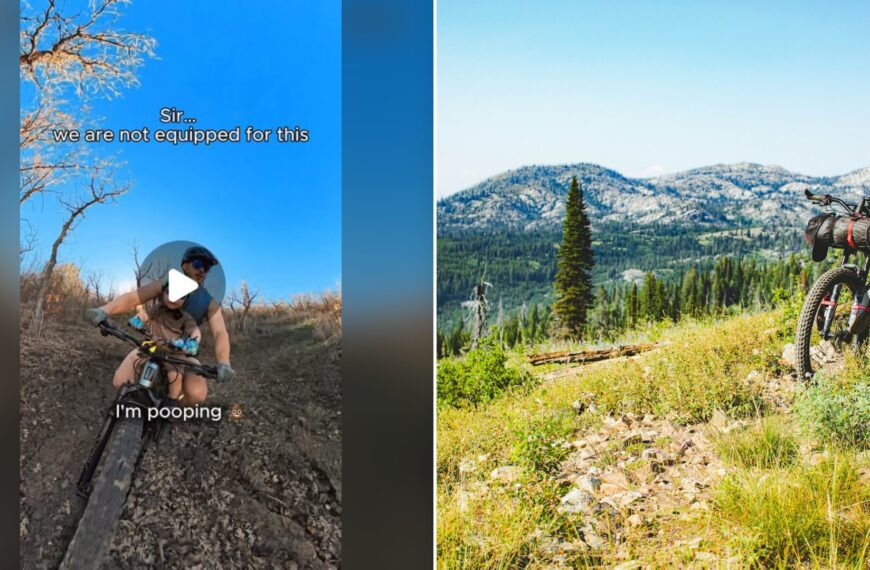 Split image with the cover of @roroshreds's Instagram reel, where a man on a mountain bike rides down a dirt trail with a toddler in front of him under the words 'Sir... we are not equipped for this' and 'I'm pooping', on the left and an Unsplash photo by Patrick Hendry on the right showing bikepacking bicycle on a mountain trail with pine trees