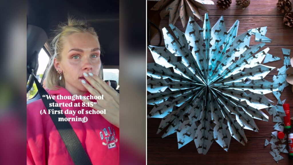 Split image with the cover of @its.ashleyhenson's TikTok video, where a blonde woman in a pink hoodie with a seatbelt across her chest covers her mouth under the words 'We thought school started at 8:15' (A first day of school morning), on the left and an Unsplash photo by micheile henderson on the right showing white and blue star decorations