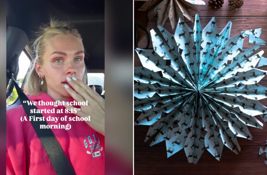 Split image with the cover of @its.ashleyhenson's TikTok video, where a blonde woman in a pink hoodie with a seatbelt across her chest covers her mouth under the words 'We thought school started at 8:15' (A first day of school morning), on the left and an Unsplash photo by micheile henderson on the right showing white and blue star decorations
