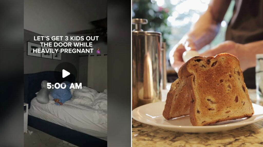 Split image with the cover of @livingwithagatha's Instagram reel, where a dim bedroom with an unmade bed and a small figure under the words 'LET'S GET 3 KIDS OUT THE DOOR WHILE HEAVILY PREGNANT' and '5:00 AM', on the left and an Unsplash photo by Anna Khromova on the right showing toast, boiled eggs and coffee in a French press on a kitchen counter