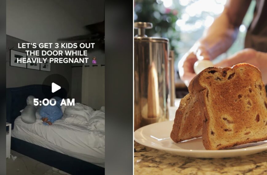 Split image with the cover of @livingwithagatha's Instagram reel, where a dim bedroom with an unmade bed and a small figure under the words 'LET'S GET 3 KIDS OUT THE DOOR WHILE HEAVILY PREGNANT' and '5:00 AM', on the left and an Unsplash photo by Anna Khromova on the right showing toast, boiled eggs and coffee in a French press on a kitchen counter
