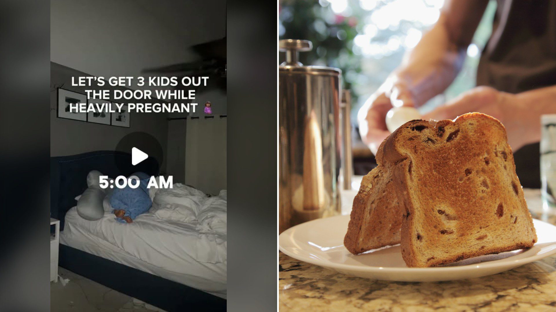 Split image with the cover of @livingwithagatha's Instagram reel, where a dim bedroom with an unmade bed and a small figure under the words 'LET'S GET 3 KIDS OUT THE DOOR WHILE HEAVILY PREGNANT' and '5:00 AM', on the left and an Unsplash photo by Anna Khromova on the right showing toast, boiled eggs and coffee in a French press on a kitchen counter