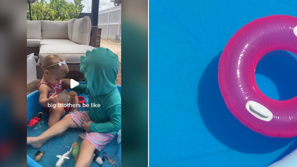 Split image with the cover of @kay.buell's Instagram reel, where a toddler girl and a boy in a green hooded swim top sit in a blue kiddie pool with toy animals under the words 'big brothers be like', on the left and an Unsplash photo by Joana Pires on the right showing inflatable swimming pool with a pink ring