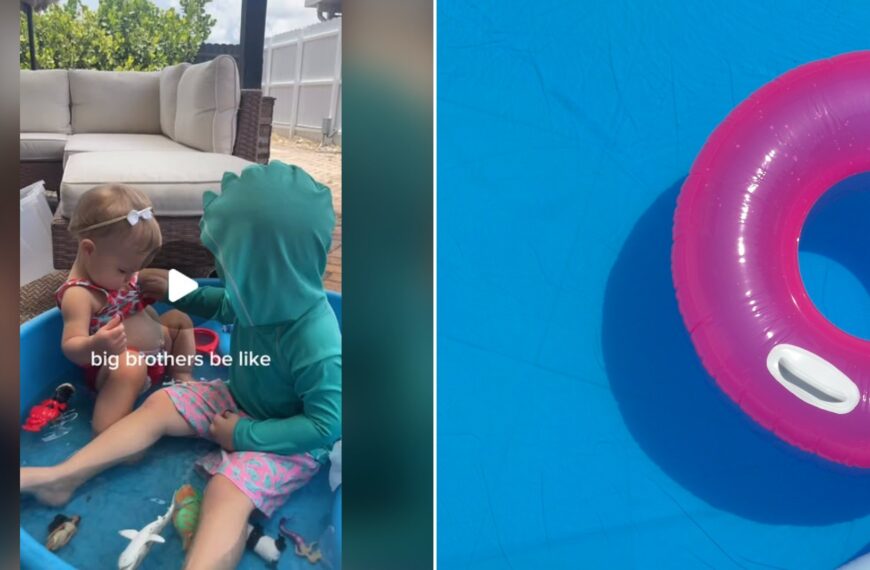 Split image with the cover of @kay.buell's Instagram reel, where a toddler girl and a boy in a green hooded swim top sit in a blue kiddie pool with toy animals under the words 'big brothers be like', on the left and an Unsplash photo by Joana Pires on the right showing inflatable swimming pool with a pink ring
