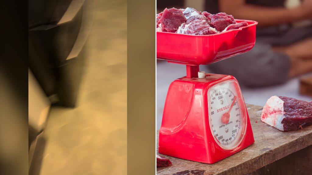 Split image with the cover of @emilyelvia's TikTok video, where a blurry, close-up brown and tan frame with no clear subject, on the left and an Unsplash photo by Zaenal Abidin on the right showing packaged meat on a red kitchen scale