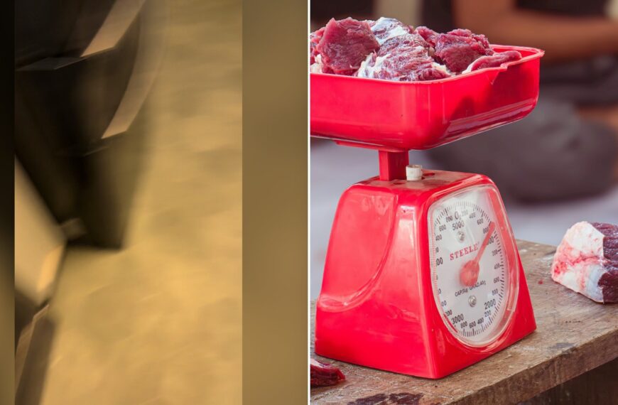 Split image with the cover of @emilyelvia's TikTok video, where a blurry, close-up brown and tan frame with no clear subject, on the left and an Unsplash photo by Zaenal Abidin on the right showing packaged meat on a red kitchen scale