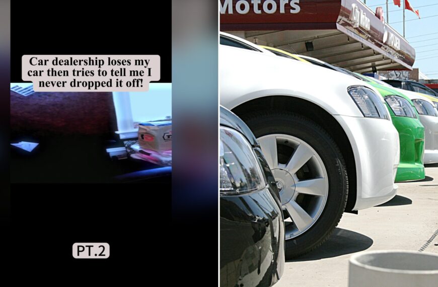 Split image with the cover of @jamik_1982's TikTok video, where a dark, blurry car-interior frame under the words 'Car dealership loses my car then tries to tell me I never dropped it off!' with 'PT.2' at the bottom, on the left and an Unsplash photo by Vaughan Willis on the right showing row of colorful cars at a dealership under a bright sky