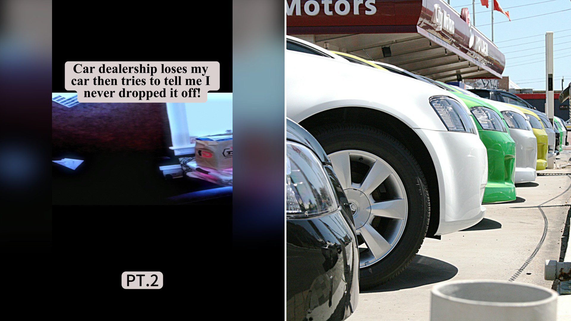 Split image with the cover of @jamik_1982's TikTok video, where a dark, blurry car-interior frame under the words 'Car dealership loses my car then tries to tell me I never dropped it off!' with 'PT.2' at the bottom, on the left and an Unsplash photo by Vaughan Willis on the right showing row of colorful cars at a dealership under a bright sky