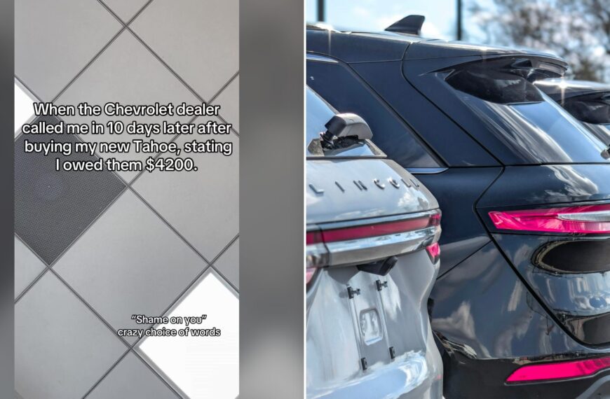 Split image with the cover of @leiscray's TikTok video, where a gray tile floor with the text 'When the Chevrolet dealer called me in 10 days later after buying my new Tahoe, stating I owed them $4200.', on the left and an Unsplash photo by Obi on the right showing row of black Lincoln SUVs parked in a lot