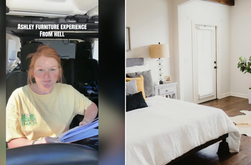 Split image with the cover of @thechelsshift's TikTok video, where a red-haired woman in a yellow t-shirt sits in a car holding papers under the words 'ASHLEY FURNITURE EXPERIENCE FROM HELL', on the left and an Unsplash photo by Isaac Martin on the right showing white bed linen near a white wooden door