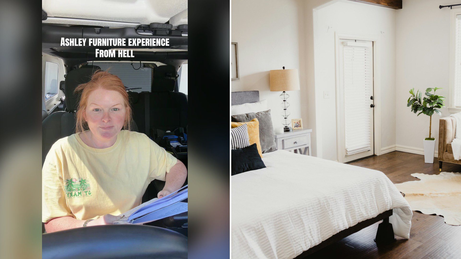 Split image with the cover of @thechelsshift's TikTok video, where a red-haired woman in a yellow t-shirt sits in a car holding papers under the words 'ASHLEY FURNITURE EXPERIENCE FROM HELL', on the left and an Unsplash photo by Isaac Martin on the right showing white bed linen near a white wooden door