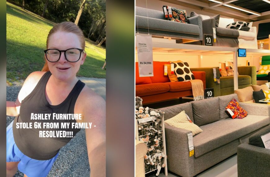 Split image with the cover of @thechelsshift's TikTok video, where a red-haired woman with glasses and a gray tank top stands outdoors under the words 'ASHLEY FURNITURE STOLE 6K FROM MY FAMILY - RESOLVED!!!!', on the left and an Unsplash photo by Sabhyata Sahu on the right showing sofas and armchairs in a furniture showroom