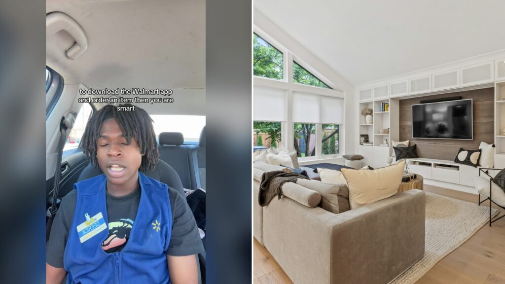Split image with the cover of @skylouieeeee's TikTok video, where a young man in a blue Walmart vest sits in a car, talking, with a caption about downloading the Walmart app above his head, on the left and an Unsplash photo by Point3D Commercial Imaging Ltd. on the right showing black flat-screen TV on a white wooden TV rack