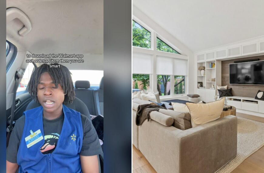 Split image with the cover of @skylouieeeee's TikTok video, where a young man in a blue Walmart vest sits in a car, talking, with a caption about downloading the Walmart app above his head, on the left and an Unsplash photo by Point3D Commercial Imaging Ltd. on the right showing black flat-screen TV on a white wooden TV rack